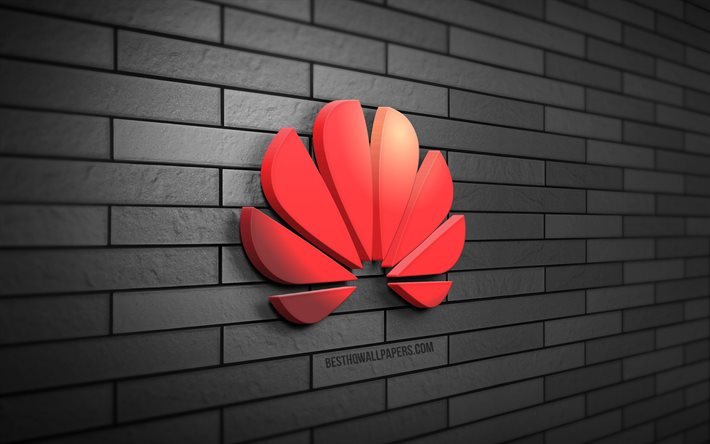 Huawei 3D logo, 4K, gray brickwall, creative, brands, Huawei logo, 3D art, Huawei