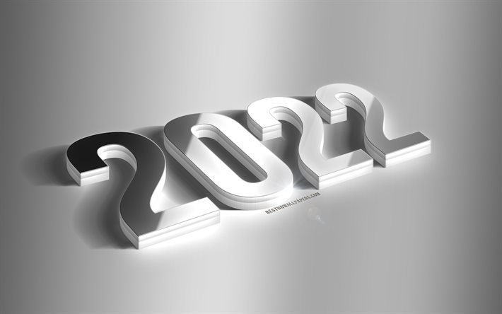 2022 New Year, 3d silver letters, 2022 Silver background, Happy New Year 2022, 2022 concepts, 2022 3d background, 2022 greeting card