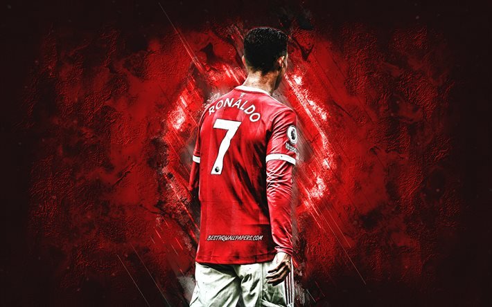 Cristiano Ronaldo, Manchester United FC, Ronaldo MU, CR7 Manchester United, punainen kivi tausta, Mestarien liiga, jalkapallo, grunge-taide