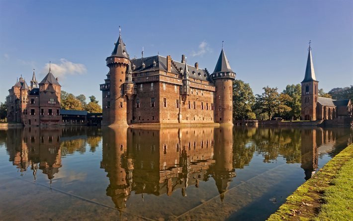 old castle, lake, old buildings, De Haar Castle, Utrecht, Netherlands, Holland