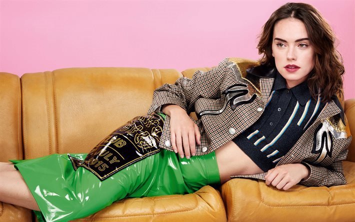 Daisy Ridley, actress, beautiful girl, green leather skirt