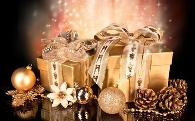 Navidad, A&#241;o Nuevo regalos, oro de Navidad, bolas, conos