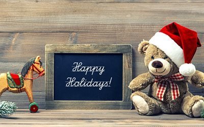 Happy Holidays, 4k, Christmas, teddy bear, New Year
