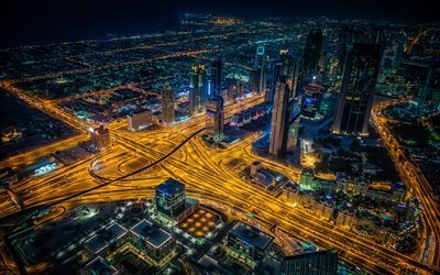 Dubai, night, buildings, road, metropolis, United Arab Emirates, UAE