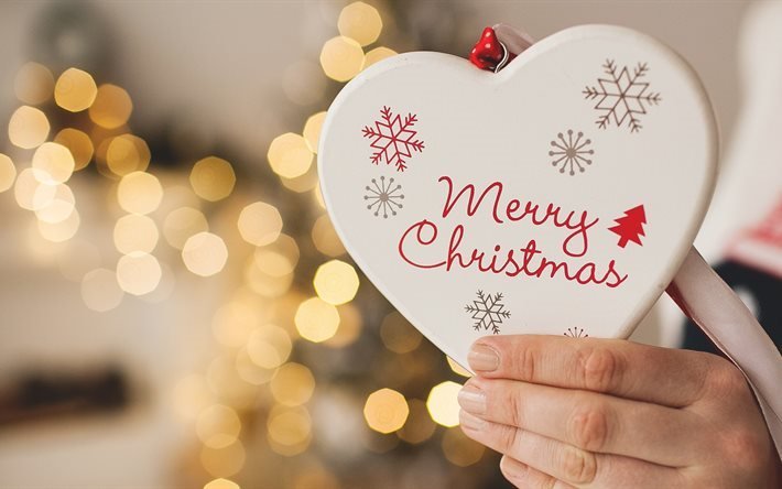 Merry Christmas, 4k, greetings card, heart, New Year