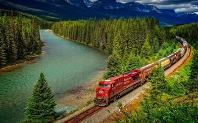 Banff National Park, railway, cargo train, mountain, Alberta, Canada
