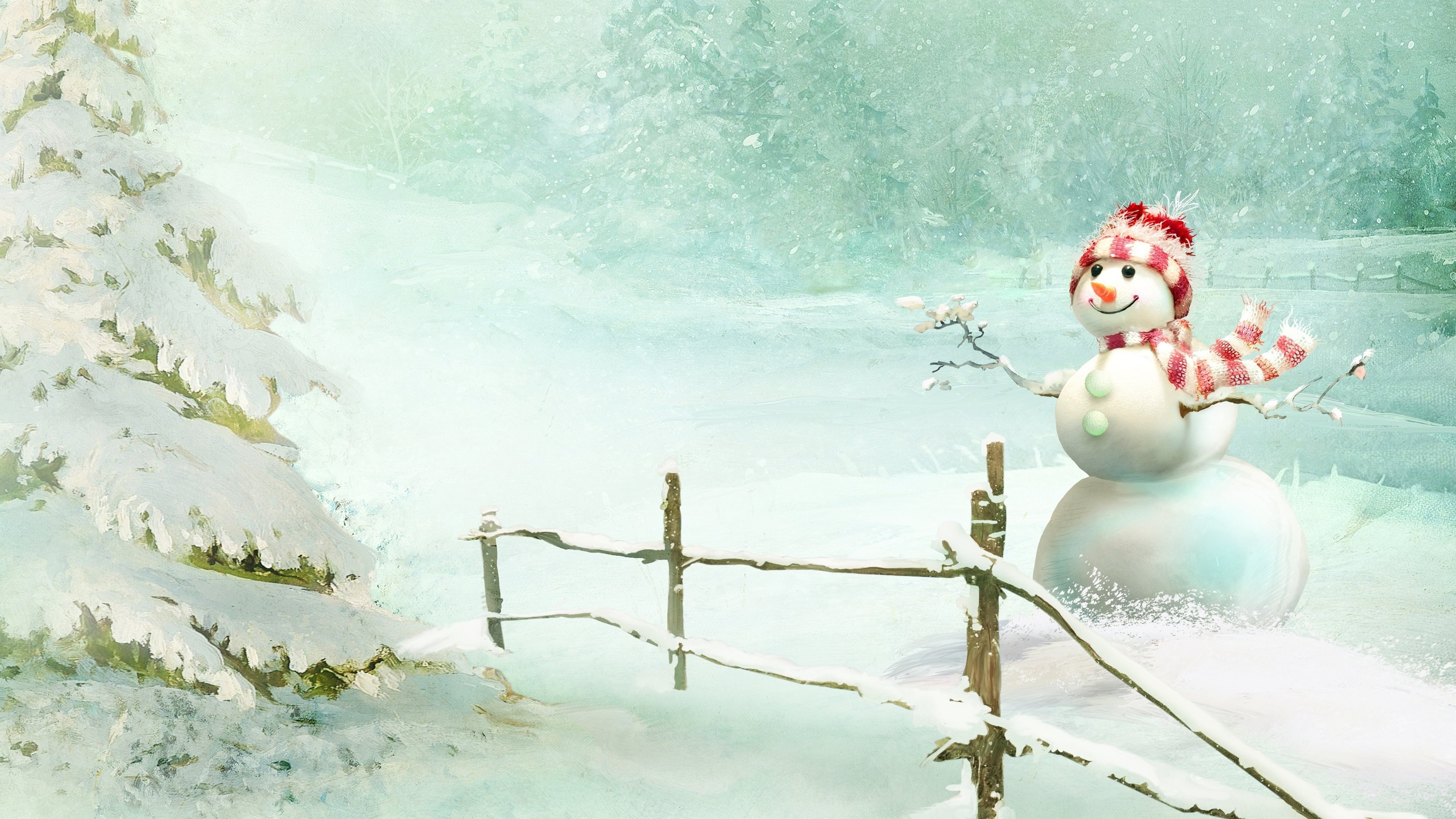 Lataa kuva talvi, metsä, lumiukko, lumi, talvi maisema näytön resoluutio  3840x2160. Taustakuvat työpöydälle
