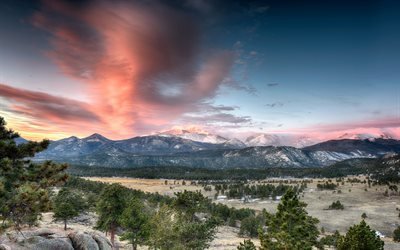 bergslandskapet, sunset, dalen, skogen, Rocky Mountain National Park, Colorado, USA