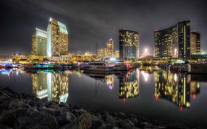 San Diego, les bateaux, la baie, la nuit, Californie, &#233;tats-unis