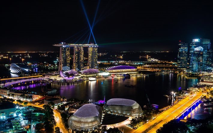 Marina Bay Sands, Hotel, Bay, Singapore, pilvenpiirt&#228;ji&#228;, valonheittimet