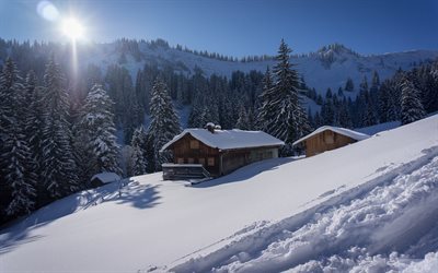 Alps, winter landscape, mountains, snow, hut, Algae Alps, Algae, Bavaria, Germany