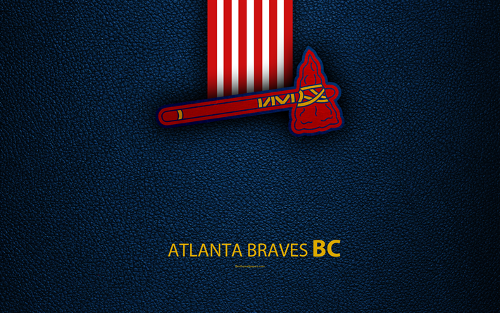 Des Braves d&#39;Atlanta, 4k, American club de baseball, le cuir de texture, logo, MLB, Atlanta, G&#233;orgie, &#233;tats-unis, de la Ligue Majeure de Baseball, embl&#232;me