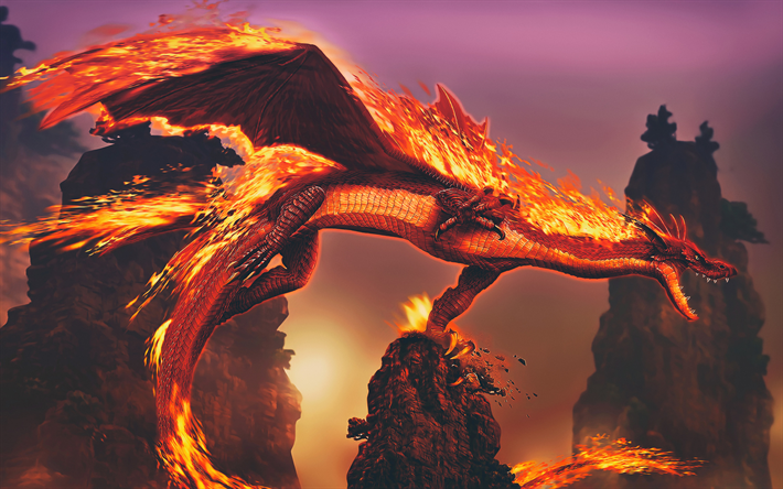 dragon, 4k, fire flames, cliffs, burn, fire, dragons, monsters