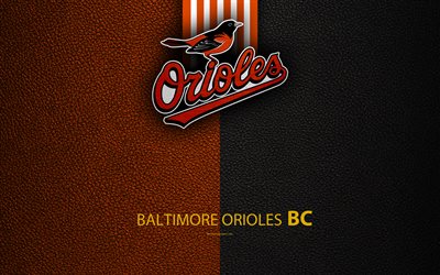 Baltimore Orioles, 4K, Americana de beisebol clube, textura de couro, logo, MLB, Baltimore, Maryland, EUA, Major League Baseball, emblema