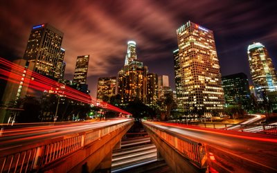 Los Angeles, Amerika, nightscapes, yollar, trafik ışıkları, ABD, LA