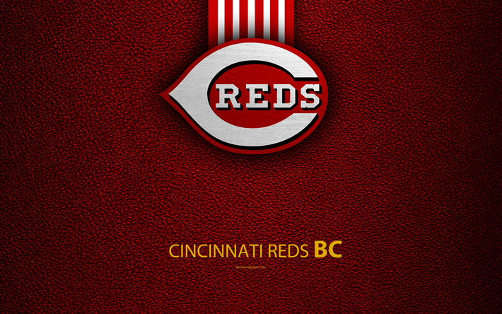 Reds de Cincinnati, 4K, American club de baseball, Division Centrale, cuir de texture, logo, MLB, Cincinnati, Ohio, etats-unis, de la Ligue Majeure de Baseball, embl&#232;me