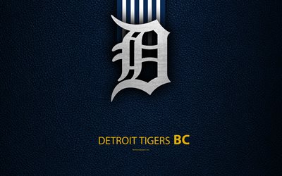 Detroit Tigers, 4K, American baseball club, Central Division, leather texture, logo, MLB, Detroit, Michigan, USA, Major League Baseball, emblem