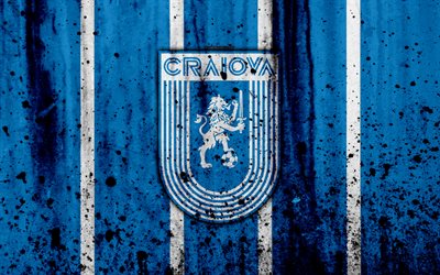 4k, le FC Craiova, grunge, roumain League, liga I, football, club de football, de la Roumanie, de Craiova, le logo, la texture de pierre, Craiova FC