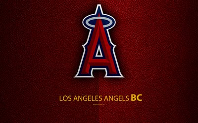 Los Angeles Angels, 4K, American baseball club, leather texture, logo, MLB, Anaheim, California, USA, Major League Baseball, emblem