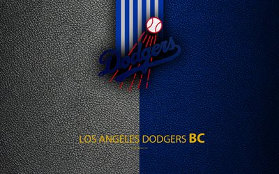 Los Dodgers de Los Angeles, 4K, American club de b&#233;isbol de la Liga Nacional, de la Divisi&#243;n Oeste, de textura de cuero, logotipo, MLB, Los &#193;ngeles, California, estados UNIDOS, la Major League Baseball, emblema