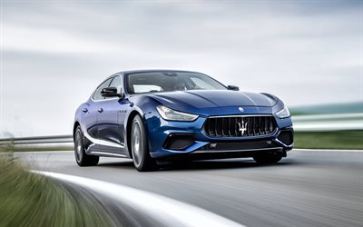 Maserati Ghibli, GranSport, 2018, front view, blue sedan, new Ghibli, racing track, Italian sedan, Maserati