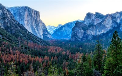 4k, Yosemite Valley, autumn, american landmarks, Yosemite National Park, forest, California, USA, America