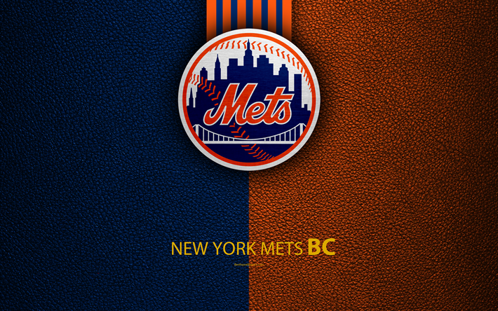 New York Mets, 4K, American baseball club, leather texture, logo, MLB, New York, USA, Major League Baseball, emblem