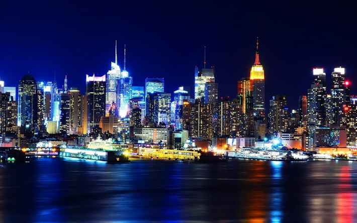 نيويورك, 4k, مناظر المدينة, nightscapes, الرصيف, حاضرة, مدينة نيويورك, الولايات المتحدة الأمريكية, أمريكا