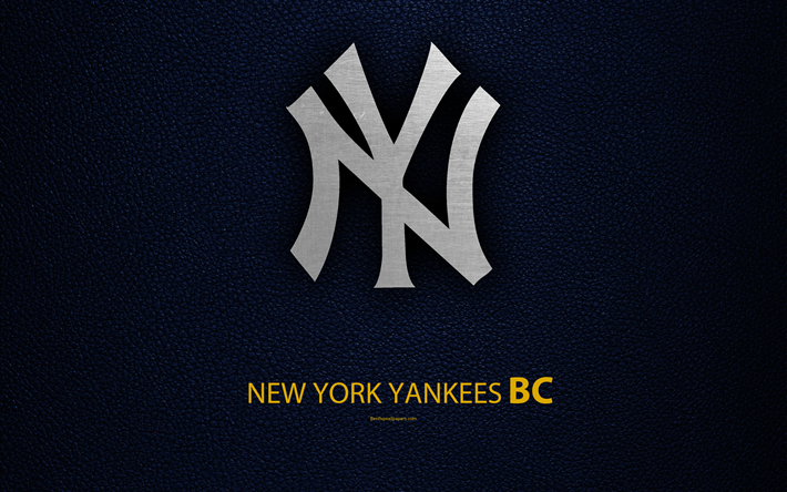 New York Yankees, 4K, American baseball club, American League, Eastern Division, leather texture, logo, MLB, New York, USA, Major League Baseball, emblem