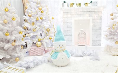 クリスマスツリー, 雪だるま, 新年, 室内, 暖炉, クリスマス