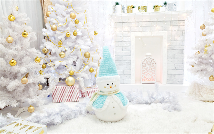 Christmas tree, snowman, New Year, interior, fireplace, Christmas