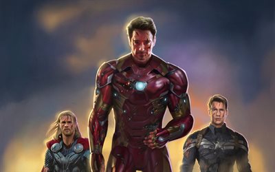 Thor, Iron Man, Captain America, art, superheroes