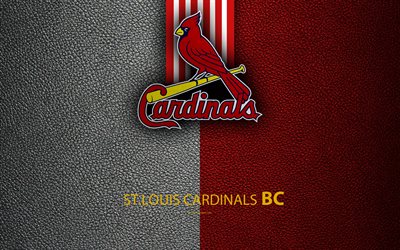 St Louis Cardinals, 4K, American baseball club, leather texture, logo, MLB, St Louis, Missouri, USA, Major League Baseball, emblem, Central Division