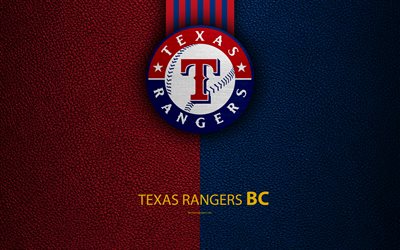 Texas Rangers, 4k, American baseball club, leather texture, logo, MLB, Texas, USA, Major League Baseball, emblem
