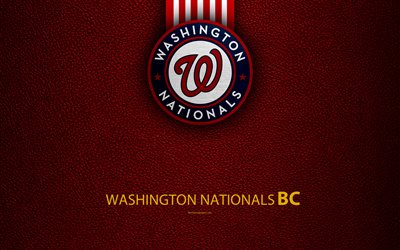 Washington Nationals, 4k, Americana de beisebol clube, textura de couro, logo, MLB, Washington, EUA, Major League Baseball, emblema