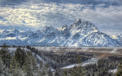 mountain landscape, winter, snow, forest, mountain river, USA, Snake River, Grand Teton National Park, Rocky Mountains