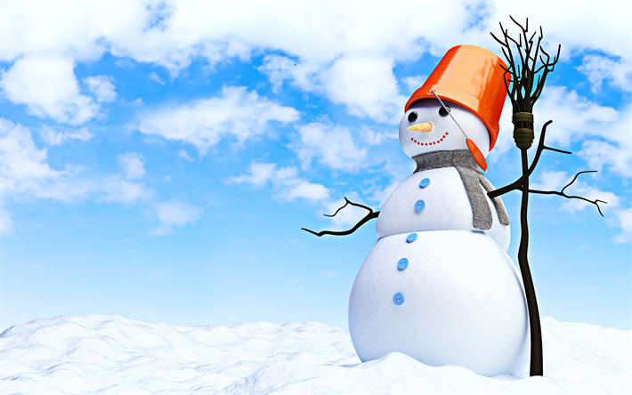 4k, snowman, winter, snowdrifts, blue sky, snowmen, winter holidays