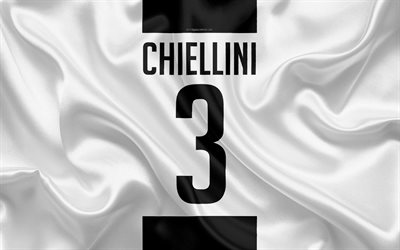 Giorgio Chiellini, Juventus FC, T-shirt, 3th number, Serie A, white black silk texture, Chiellini, Juve, Turin, Italy, football