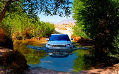 4k, Range Rover Evoque, offroad, 2018 cars, Evoque in river, SUVs, White Evoque, Land Rover, Range Rover