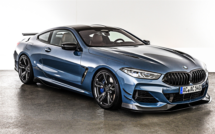 BMW 8 Series, AC Schnitzer, 2019, 4k, G15, front view, tuning M8, 600hp, blue sports coupe, german sports cars, BMW
