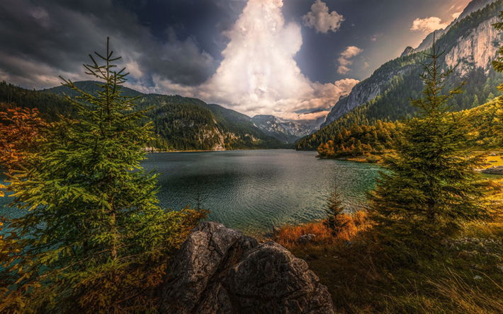 lago de montanha, floresta, outono, paisagem de montanha, paisagem de outono, HDR, &#193;ustria