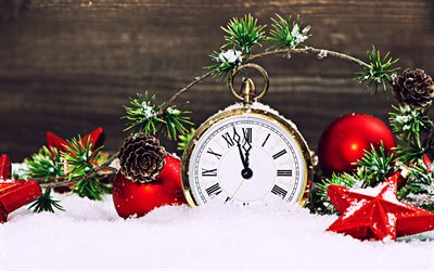Happy New Year, clock, xmas decorations, red ball, fir branches, Christmas, New Year concept