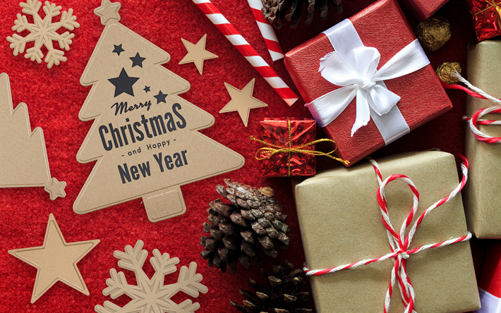 Buon Natale, Felice Anno Nuovo, carta, albero, rosso, sfondo Natale, regali, pigne, fiocchi di neve