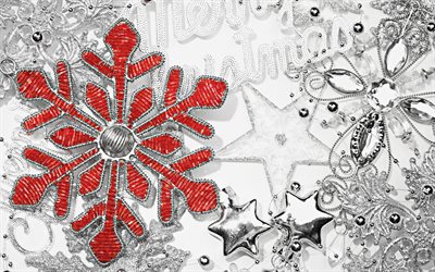 Happy New Year, red snowflake, xmas decorations, snowflakes, silver stars, Merry Christmas, Christmas concept