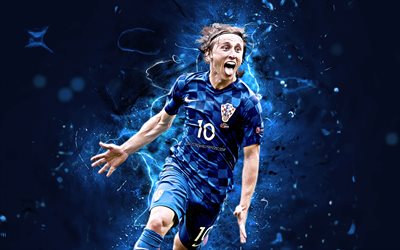 Luka Modric, blue uniform, Croatia National Team, Golden Ball 2018, Modric, soccer, footballers, goal, neon lights, Croatian football team, Golden Ball Winner 2018
