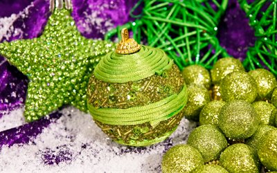Green Christmas ball, Happy New Year, Christmas, background, postcard, snow, winter, Happy Christmas