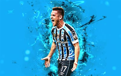 Ramiro, goal, brazilian footballers, Gremio FC, blue background, soccer, Ramiro Benetti, Brazilian Serie A, football, neon lights, Brazil