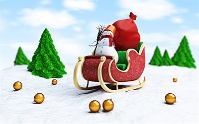 4k, メリークリスマス, 3Dアート, 雪だるま, 冬, クリスマス, クリスマスの飾り