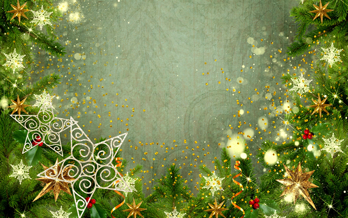 Green Christmas background, frame, tree, stars, New Year, Christmas
