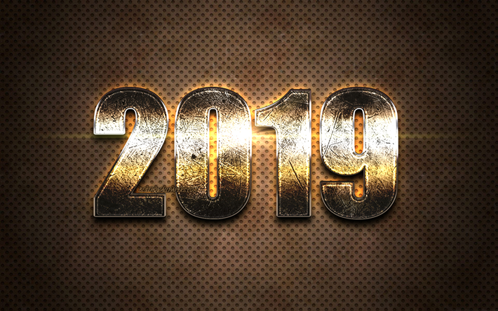 2019 metal digits, metal background, Happy New Year 2019, brown digits, 2019 concepts, 2019 on metal background, 2019 year digits